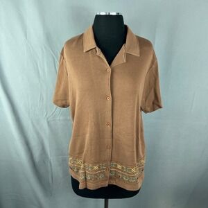 Ladies Club Shirt Womens 2X Brown Embroidered Short Sleeve Camp Collar Button Up